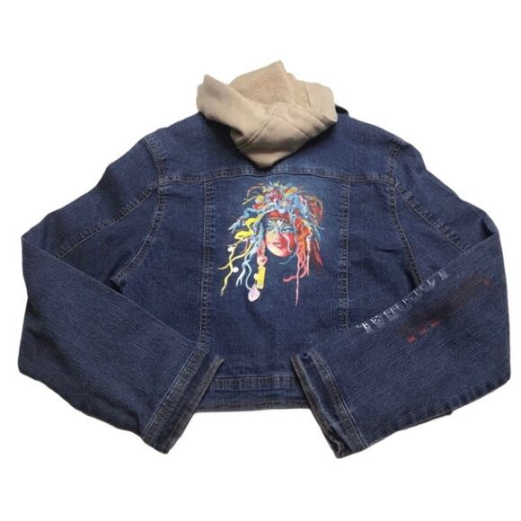 Hip Jeans Loco Gal Hooded Zip Denim Jean Jacket Sz 14 - Picture 2 of 15